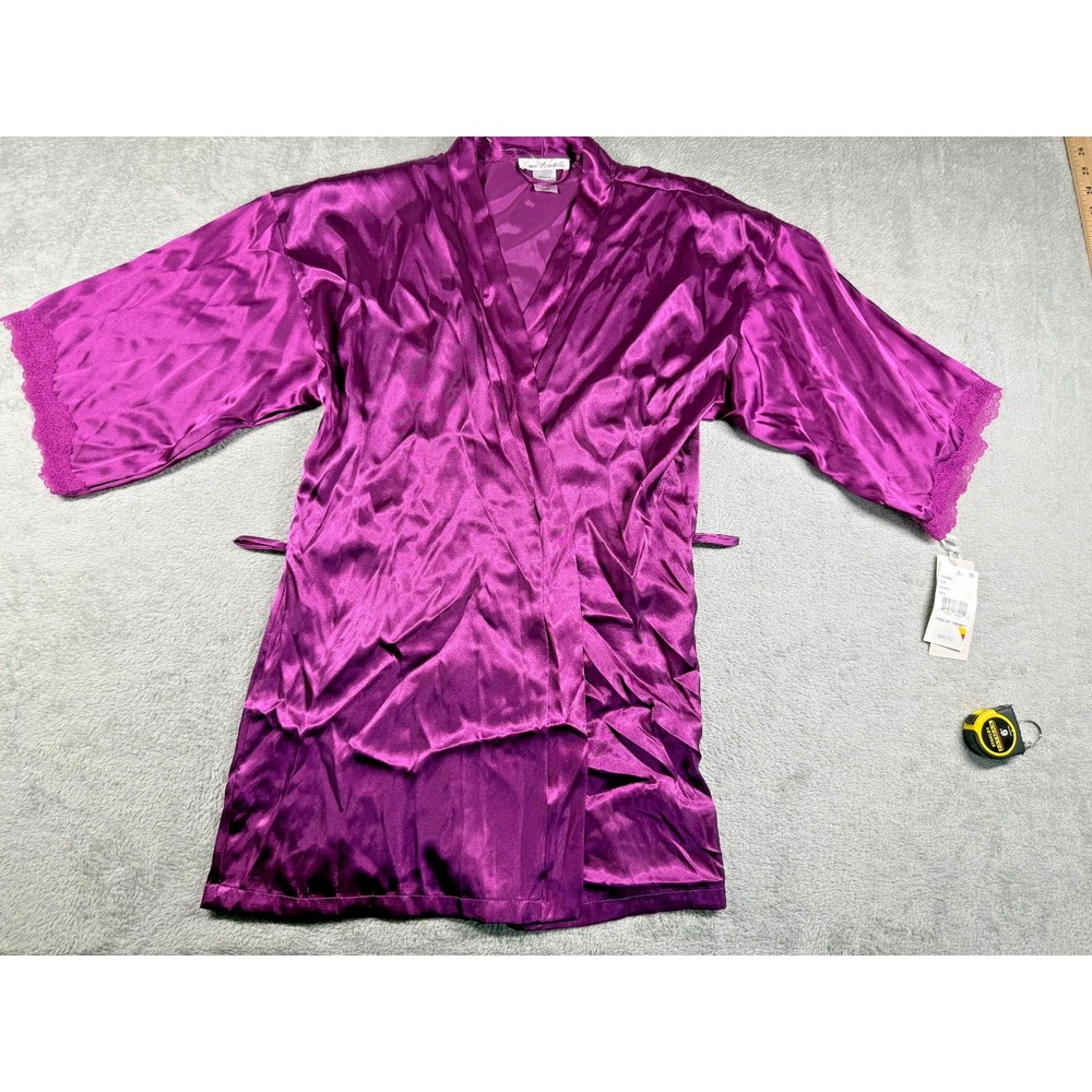 NWT Linea Donatella Satin Short Lace Sleeve Robe Purple Size Small *READ*